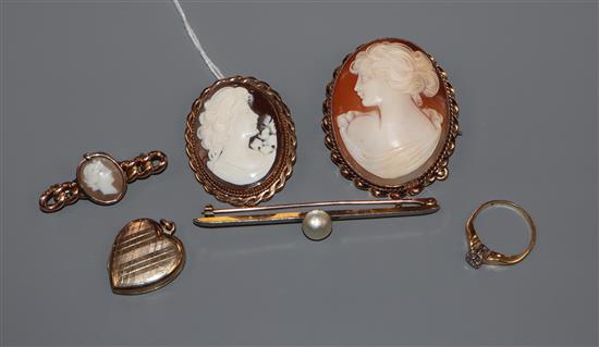 A 9ct gold mounted cameo brooch, one other cameo pendant, two brooches, a pendant and a diamond ring.